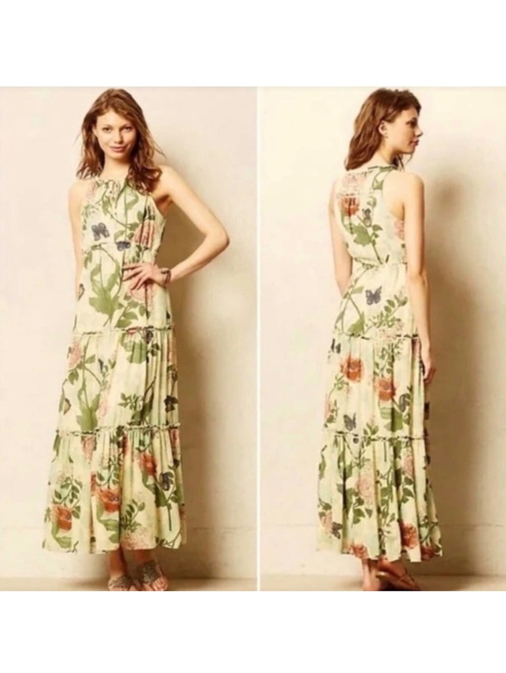 Maeve Anthropologie Maravilla Botanical Floral Butterfly Maxi Dress Size 14